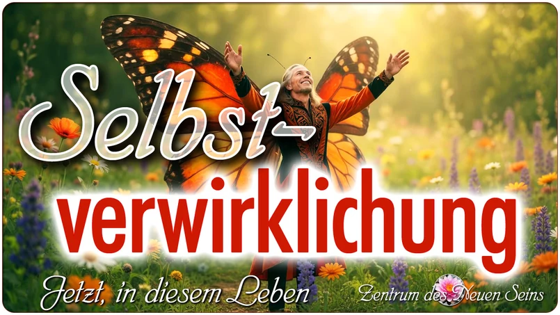 Ein Mensch mit Schmetterlingsfluegeln steht mit weit geoeffneten Armen in einem lichtdurchfluteten Blumenfeld, das Gesicht ins Licht gehoben. Die Verwandlung ist vollzogen.